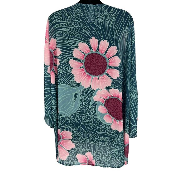 Kini Zamora Women Floral Kimono Cardigan Pink Teal One Size OS Hawaii Cover Up - Picture 6 of 7
